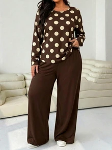 Solflare Setelan Kasual Dua Potong Kaos Lengan Panjang Leher Bulat Motif Polkadot Wanita Ukuran Besar dan Celana Panjang - Pakaian Rumahan Nyaman untuk Musim Gugur/Musim Dingin - Coklat - View 4