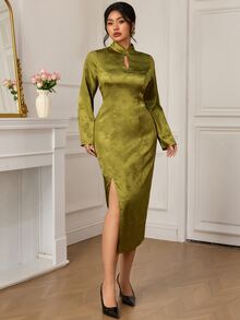 EastFlair Plus Size Elegant Elegant Frog Button Side Slit Dress - Green - View 5