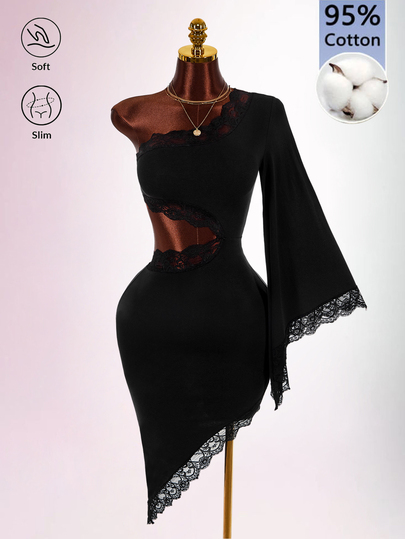 Amplova Vestido midi de encaje para mujer con hombro asimétrico, bajo asimétrico, patchwork de encaje, abertura en la cintura, manga única, estilo casual sexy vanguardista, adecuado para otoño/invierno