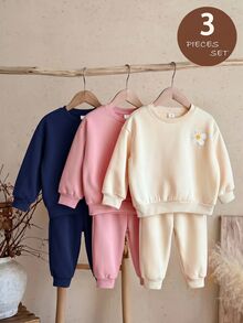 SHEIN 女童 3件組 針織素色圓領寬鬆休閒秋冬衛衣套裝 - 彩色 - 查看 4