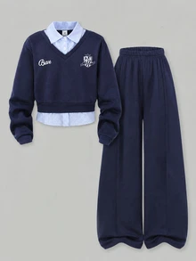 SHEIN 女童海軍藍 2 合 1 條紋 Polo 領半開鈕扣長袖運動衫 + 直筒寬腿褲 2 件式休閒套裝，學院風配色 - 彩色 - 查看 1
