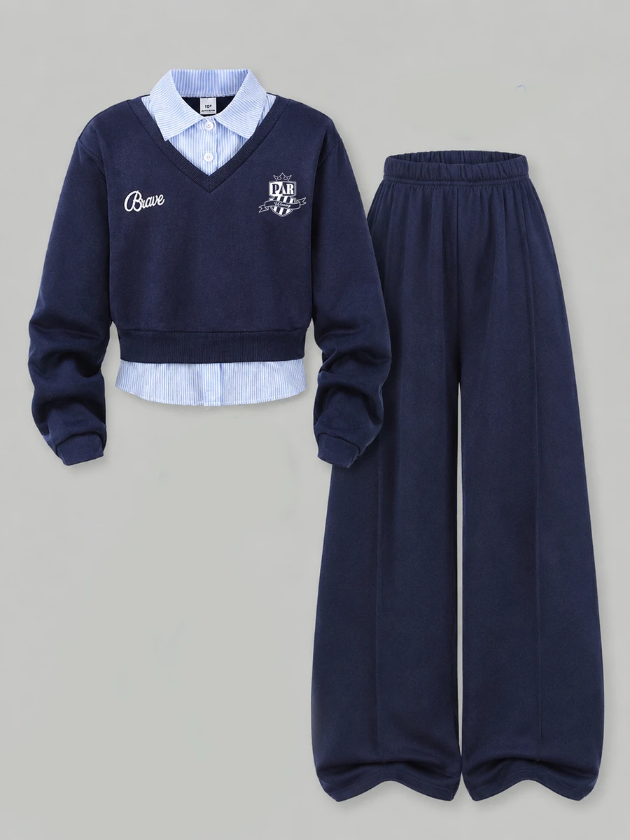 SHEIN 女童海軍藍 2 合 1 條紋 Polo 領半開鈕扣長袖運動衫 + 直筒寬腿褲 2 件式休閒套裝,學院風配色 - 彩色 - 查看 1