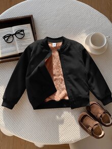 SHEIN 男童燈芯絨抓絨內裡拉鍊棒球夾克加厚外套，超高CP值，適合通勤、上學、日常休閒、大學、旅行、運動，秋冬款 - 黑色 - 查看 2