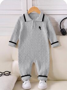LMoss Kids Baby Boy Knitted Colorblock Collared Half-Button Casual Autumn Sweater Romper - Multicolor - View 3
