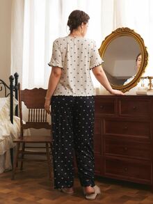 Côtesoire Plus Size French Romantic Knit Bow Print Short Sleeve Long Pants Pajama Set - Multicolor - View 2