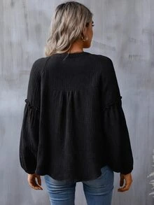 SHEIN LUNE 缺口領燈籠袖休閒襯衫 - 黑色 - 查看 3