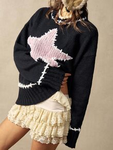 Bohemela Plus Size Korean Style Sweet Long Sleeve Jacquard Pullover Sweater - Black - View 4