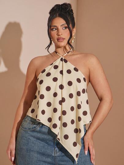 SHEIN BAE Women's Halter Neck Tank Top With Asymmetrical Hem, Polka Dot Blouse, Basic Top For Date, Commute, Outing, Airport, Autumn Outfit