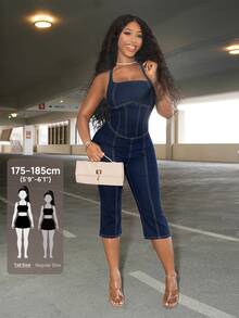 SHEIN Tall 女款休閒牛仔掛脖交叉背連身褲，3/4 長度 - 藍色 - 查看 1