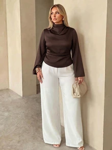 Auralis Áo blouse tay dài dáng xòe xếp ly ôm eo tôn dáng size lớn, lưng eo thun co giãn, phong cách thanh lịch đi làm và dự tiệc - màu nâu - Xem 4