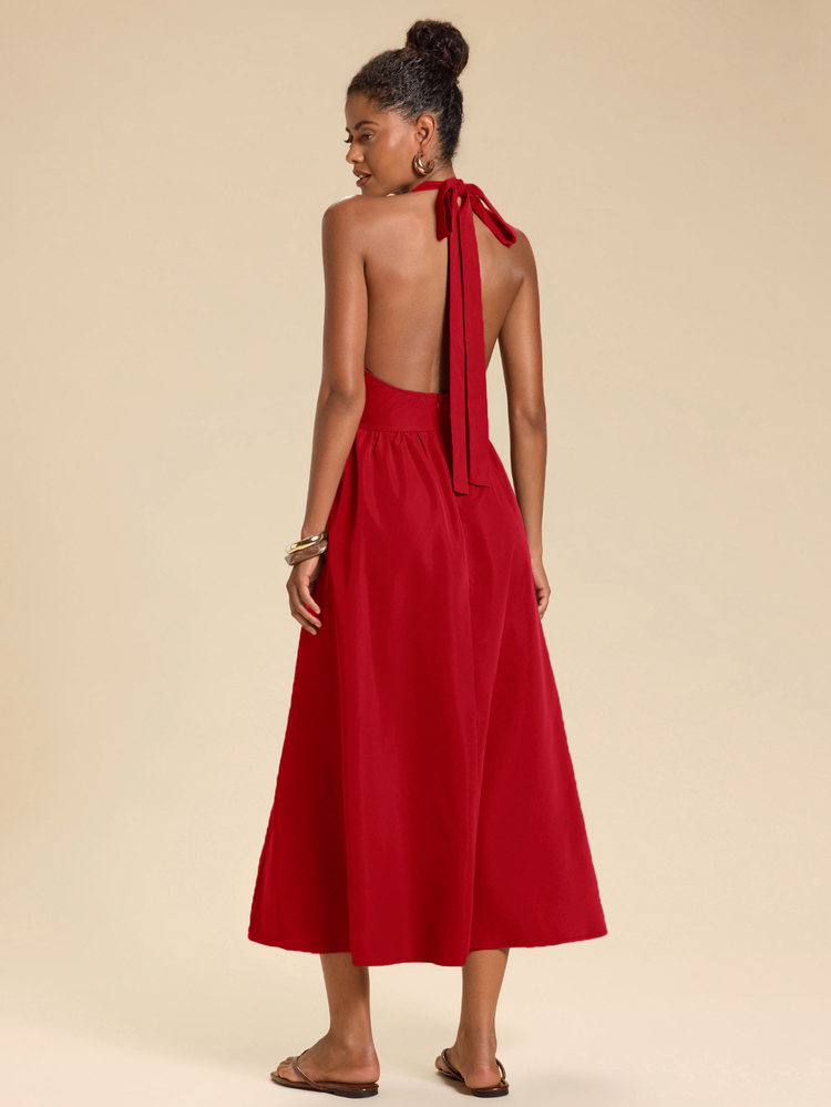 Travachic Women's Solid Color Metal Decor Pleated Elegant Sexy Halter Neck Dress Dinner Christmas Red Summer,Fall Outfits, Casual Dresses - Red - View 2