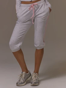 Musera Sport Elasticated Drawstring Waist Loose Fit Cuffed Capri Pants Cute Girly Autumn Winter Fall Gym Holiday Dainty Ice - Grey - View 2