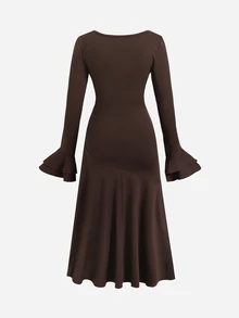 SHEIN Tween Girl Tween Girl Autumn/Winter Elegant Solid Knit Square Neck Flared Sleeve Long Sleeve Multi-Layer Ruffle Asymmetrical Hem Waist-Cinching Long Dress - Brown - View 3
