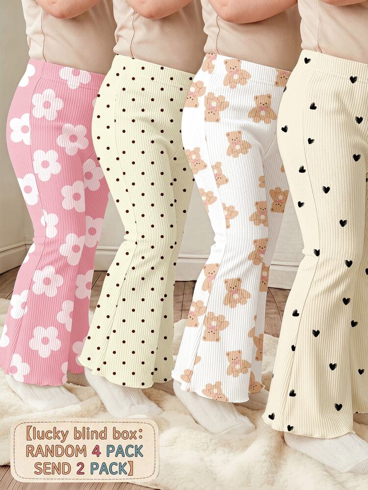 RANDOM 4pcs PACK 2 Packs, Baby Girls, Vintage Dopamine Floral Polka Dot Bear Heart Pattern, Flare Pants 2 Pieces Set, Korean Style, Casual Comfortable, Fashion Kids Wear, Y2K, Kawaii, Party, Daily, Vacation, Cute, Comfortable - Multicolor - View 1