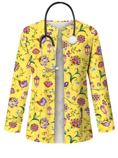 PopScrub Yellow Watercolor Floral Lantern Crescent Moon Star Colorful Flower Vine Print Scrub Jacket, Autumn/Winter Fashion Cardigan With Ear Loop Design Women's Nurse Scrub Uniform Top, Scrub Uniform Jacket, Women's Gentle Style Surgical Workwear, Suitable For Hospital And Various Institution Workwear