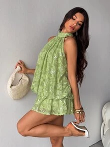 SHEIN Tall Spring/Summer Solid Color Sequin Cold Shoulder Women's Mini Dress - Green - View 1
