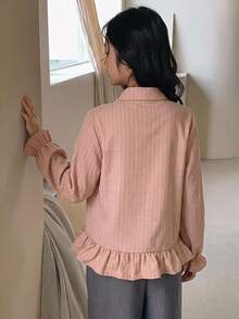 Dazy Kids 女童休閒條紋長袖寬鬆基本款襯衫 - 粉色 - 查看 2