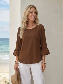 EMERY ROSE Women's Spring All-Over Print Notch Collar 3/4 Sleeve Work Shirt - Brown - View 5