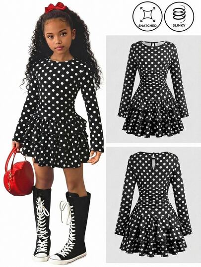 SHEIN Vestido elegante de manga larga con lunares y volantes negro para niñas preadolescentes, vestido de otoño/invierno para niñas