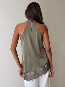 Aloruh Women's Sexy Lace Patchwork Asymmetrical Hem Blouse - Mocha Brown - View 2