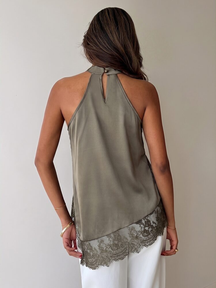 Aloruh Women's Sexy Lace Patchwork Asymmetrical Hem Blouse - Mocha Brown - View 2