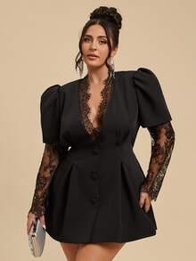 SHEIN BAE CURVE بليزر أنيق للنساء بمقاسات كبيرة مع أزرار ودانتيل - الأسود - مشاهدة 2