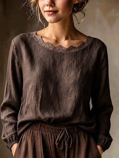 Linhara CURVE Women's Plus Size Long Sleeve Casual Top Lace Patchwork Blouse Outdoor Wear
