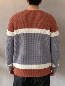 TONEVAULT Áo len nam kiểu Mỹ casual phối màu kẻ sọc, phong cách Old Money retro patchwork, dáng rộng, cổ tròn, tay dài, dệt kim chui đầu, mặc đi làm và thường ngày mùa thu/đông - Nhiều màu - Xem 2