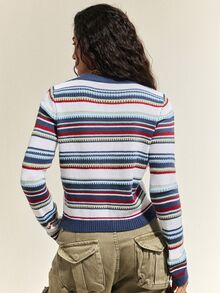 SHEIN كنزة نسائية بياقة دائرية مخططة بأكمام طويلة، ملابس خريفية/شتوية مطرزة، كنزة قصيرة مطرزة بألوان متباينة مخططة بقصة ضيقة عصرية متعددة الاستخدامات - متعدد الألوان - مشاهدة 2
