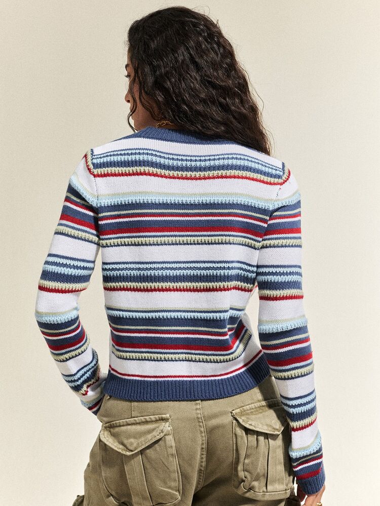 SHEIN 女款圓領條紋長袖套頭毛衣，刺繡秋冬服飾，對比色條紋修身時尚百搭刺繡短款套頭毛衣 - 彩色 - 查看 2