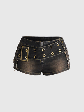 Grunge Punk Denim Shorts With Vintage Oversized Belt, Metal Contrast Color, Sexy Hot Girl Style, Unique Niche