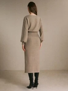 Poéselle 2 Pieces Knit Outfit Drop Shoulder Round Neck Sweater & High Waist Midi Skirt Set - Mocha Brown - View 8