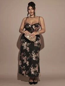 SHEIN BAE CURVE Plus Size Women's Black Sequin Long Spaghetti Strap Tank Dress - Gold - View 3