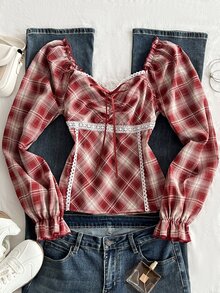 Elamini Sweet Sexy Style Bow Lace Patchwork Square Neck Plaid Petal Sleeve Long Sleeve Blouse - Red - View 1