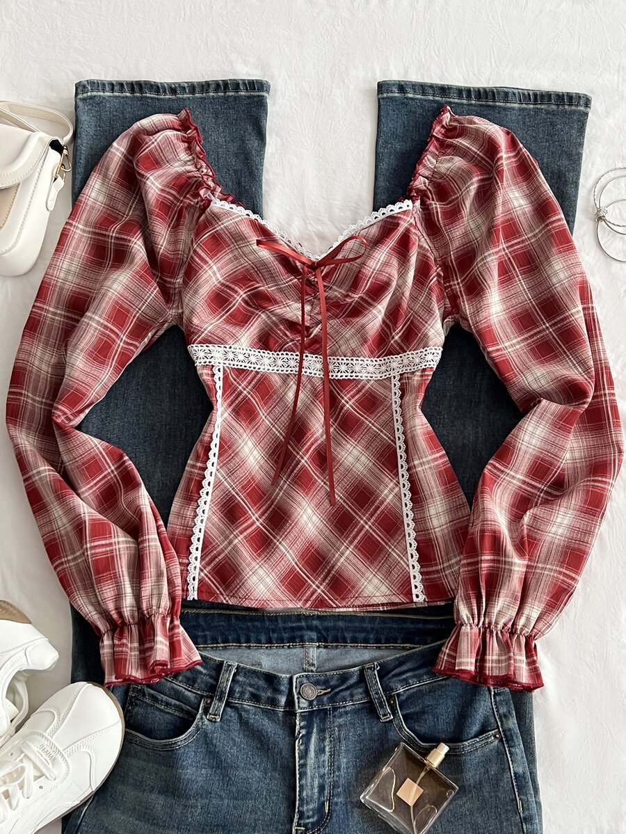 Elamini Sweet Sexy Style Bow Lace Patchwork Square Neck Plaid Petal Sleeve Long Sleeve Blouse - Red - View 1