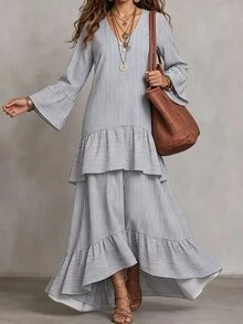 SHEIN Women's Striped V-Neck Casual Party Long Dress - Grey - View 3