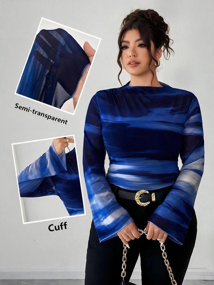 Elenzga Plus Size Women's Vintage Sexy Elegant Slim Fit Pleated Navy Blue Gradient Print Mesh Long Sleeve T-Shirt Blouse Autumn Clothing Cocktail Festival - Navy Blue - View 1