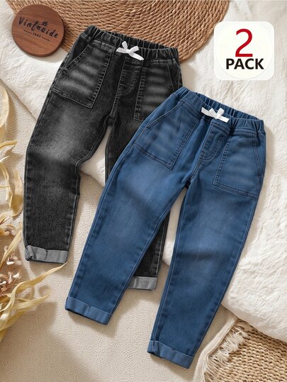 SHEIN Playful Pals Boys' Denim Jeans, Autumn New Arrival, Fashion Casual Style, Multi-Color Washed, Tapered Slim Fit, Soft Cotton Denim Fabric, Essential For Boys, 2 Pieces Set Suitable For All Seasons, Daily Wear, Photo Shoots, Shopping, Outings, Gatherings, Music Festivals And More, 2026 New Boys' Denim Jeans