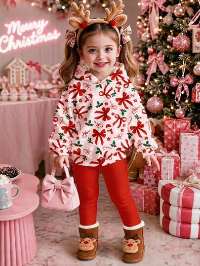 Vintage Cute Pink Girly Bow Christmas Snowman Snowflake Pattern, Christmas Eve Bestseller, Young Girl Casual Long Sleeve Hooded Sweatshirt & Leggings 2 Pieces Set, Suitable For Autumn/Winter, Christmas Atmosphere, Party, Creative Gift, Parent-Child Outfit