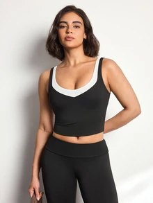 Easithlete Easithlete Women's 2 In 1 Fitted Cropped Sports Tank Top - Black and White - View 1