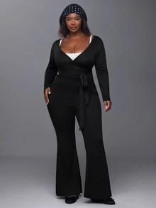 Voyena Women's Plus Size Solid Color Long Sleeve Top And Flare Leg Pants Casual Daily Sports Set - Black - View 4