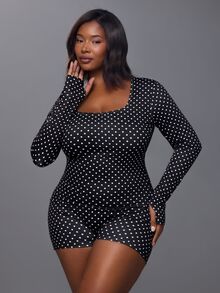 Voyena Women's Plus Size Polka Dot Print Long Sleeve Athletic Romper Fall - Black - View 6