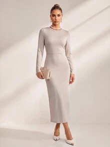 SHEIN Uhlyne Women's Cream Draped Back Long Sleeve Split Midi Dress, Elegant Bodycon Dress For Spring Fall Date Party Evening Wear - Dusty Purple - View 4