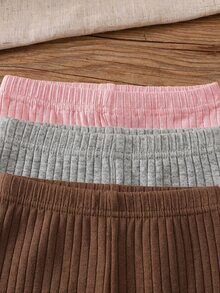 SHEIN Vintaside Kids 3件組女嬰褲 桃紅與白色條紋 秋季休閒度假款 夏季純色棉質褲 簡約甜美風 直筒寬鬆版型 - 彩色 - 查看 4