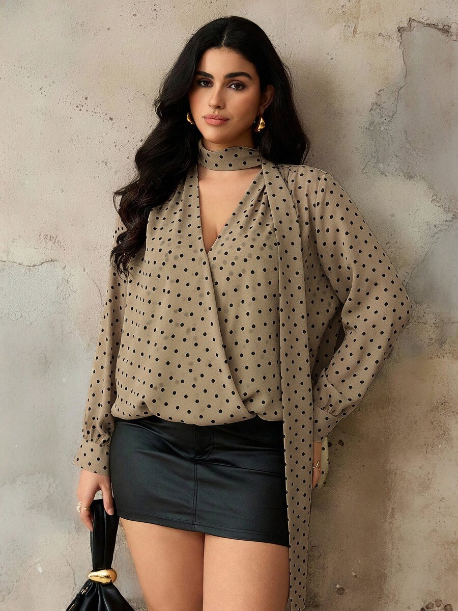Roveilla Plus Size Spring Summer Autumn Pearl Chiffon Tie Cuff Sleeve Polka Dot V-Neck Blouse - Khaki - View 1