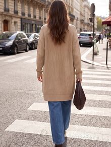 Juhart Slouchy Cable Knit Mid-Length Cardigan, Vintage Loose Fit Oversized Sleeve Pocket Knitted Outerwear Sweater - Khaki - View 2