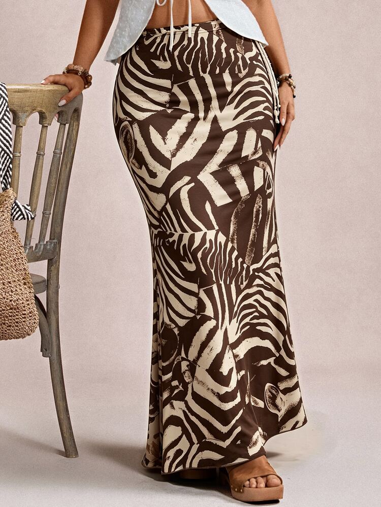 Freevana Plus Size Women's Elegant Mermaid Brown Zebra Print Mermaid Hem Long Skirt Fall,Autumn/Winter,Casual Suitable For Daily Commute,Vacation - Multicolor - View 5