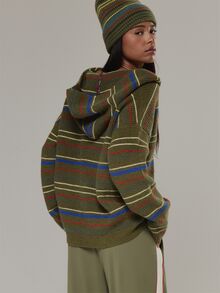 Musera Sport Jaket Rajut Oversized Berkerudung dengan Resleting dan Garis-Garis Aneka Warna, Cocok untuk Aktivitas Luar Ruangan, Olahraga, Gym, Musim Gugur, Musim Dingin, Terra Peak - Hijau Tentara - View 5
