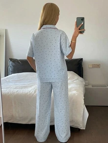 DAZY 2pcs/Set Women's Polka Dot All-Over Print Short Sleeve Cardigan Top & Straight Leg Long Pajama Pants Sleepwear Set - Blue - View 2