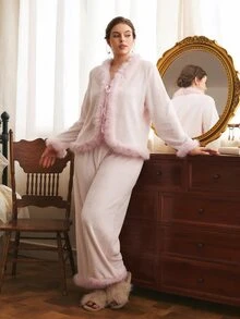 Côtesoire Plus Size Women's Shiny Velvet Striped Long Sleeve Pants Pajama Set - Dusty Pink - View 3